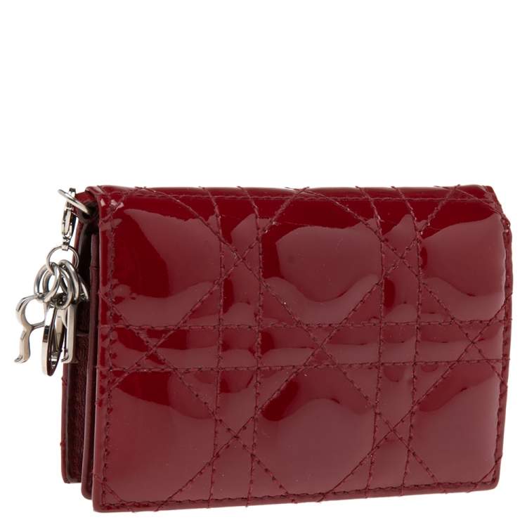 Pre Owned Dior Red Cannage Patent Leather Mini Lady Dior Card Case