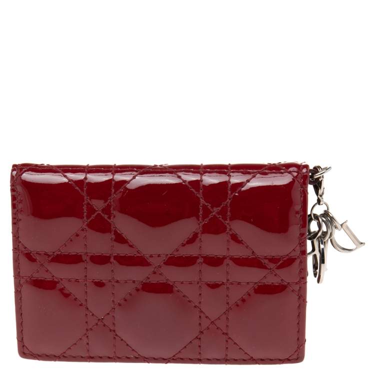 Pre Owned Dior Red Cannage Patent Leather Mini Lady Dior Card Case