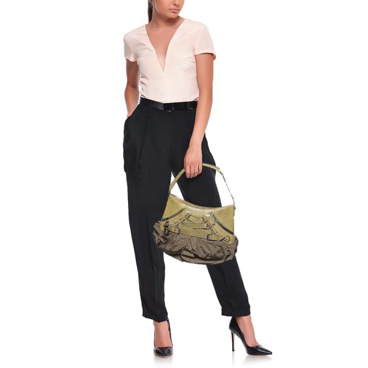 Pre Owned Dior Green Lizard Embossed Leather and Nylon Corset Hobo