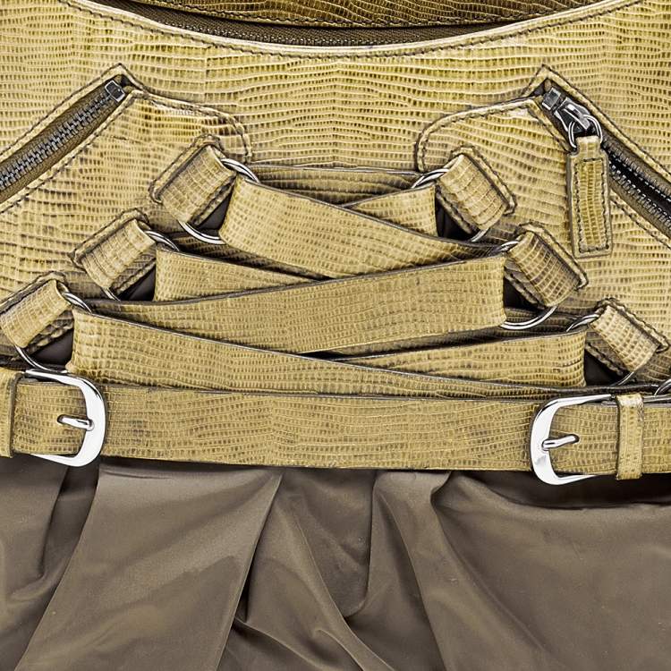 Pre Owned Dior Green Lizard Embossed Leather and Nylon Corset Hobo