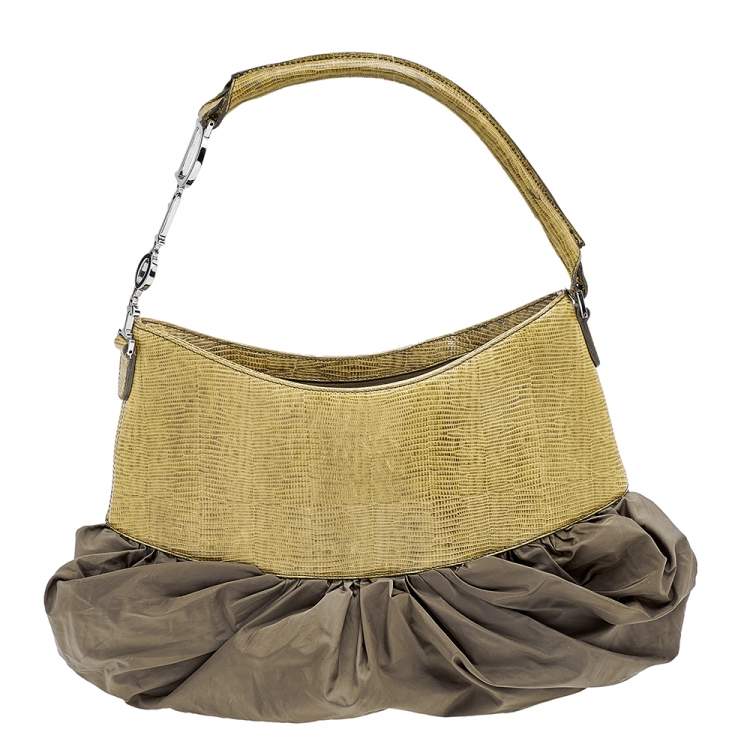 Pre Owned Dior Green Lizard Embossed Leather and Nylon Corset Hobo