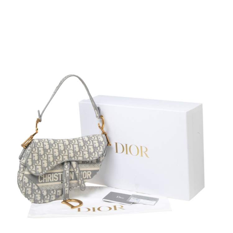 Pre Owned Dior Grey/White Oblique Embroidered Canvas Saddle Bag