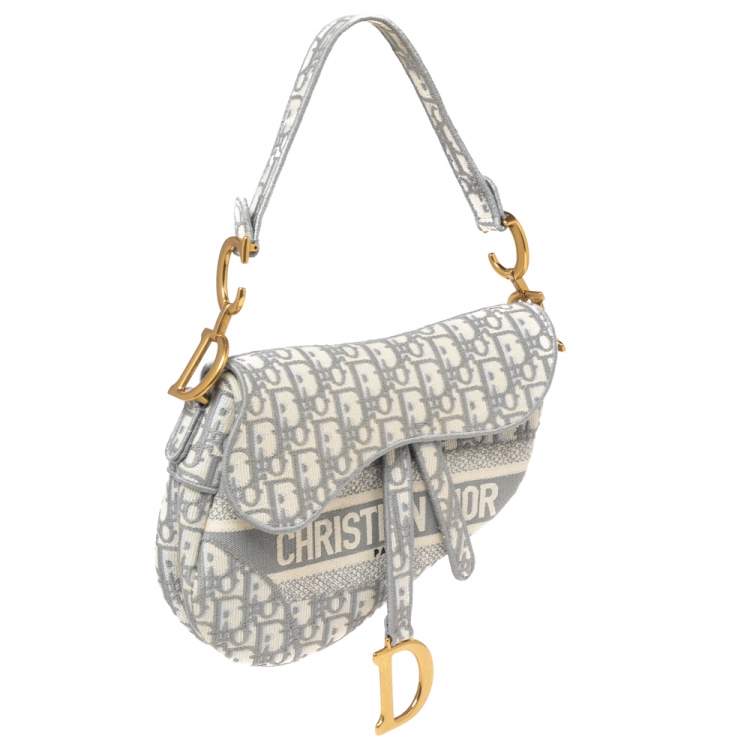 Pre Owned Dior Grey/White Oblique Embroidered Canvas Saddle Bag