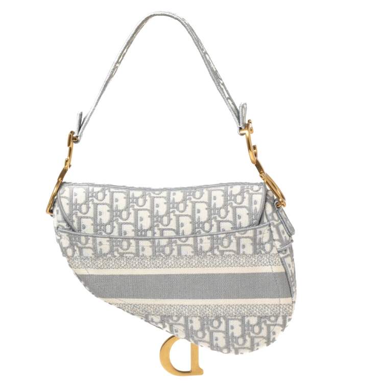 Pre Owned Dior Grey/White Oblique Embroidered Canvas Saddle Bag