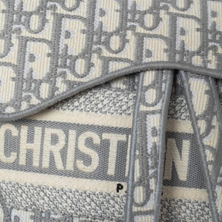 Pre Owned Dior Grey/White Oblique Embroidered Canvas Saddle Bag