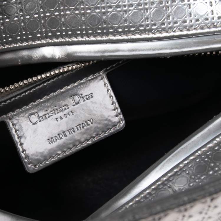 Pre Owned Dior Metallic Silver Micro Cannage Patent Leather Medium Lady Dior Tote