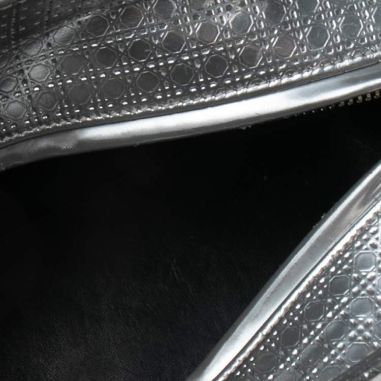 Pre Owned Dior Metallic Silver Micro Cannage Patent Leather Medium Lady Dior Tote