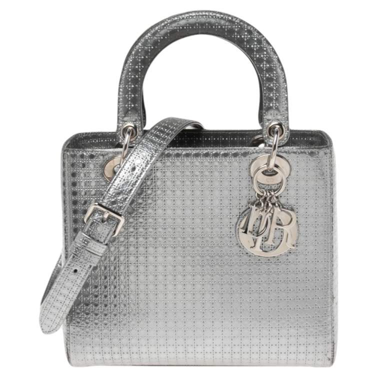 Dior Metallic Silver Micro Cannage Patent Leather Lady Dior Tote