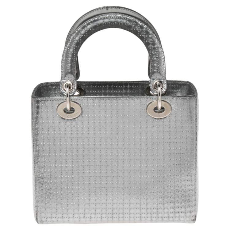 Pre Owned Dior Metallic Silver Micro Cannage Patent Leather Medium Lady Dior Tote