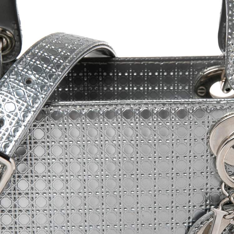 Pre Owned Dior Metallic Silver Micro Cannage Patent Leather Medium Lady Dior Tote