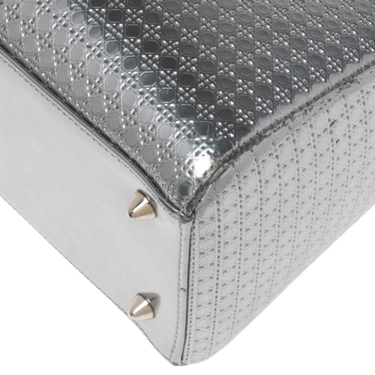Pre Owned Dior Metallic Silver Micro Cannage Patent Leather Medium Lady Dior Tote