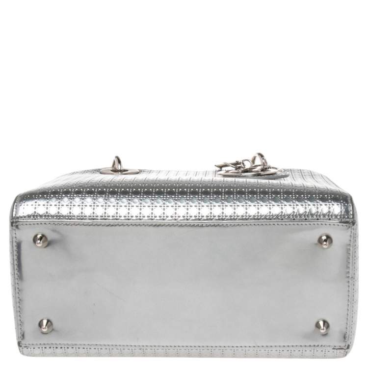 Pre Owned Dior Metallic Silver Micro Cannage Patent Leather Medium Lady Dior Tote