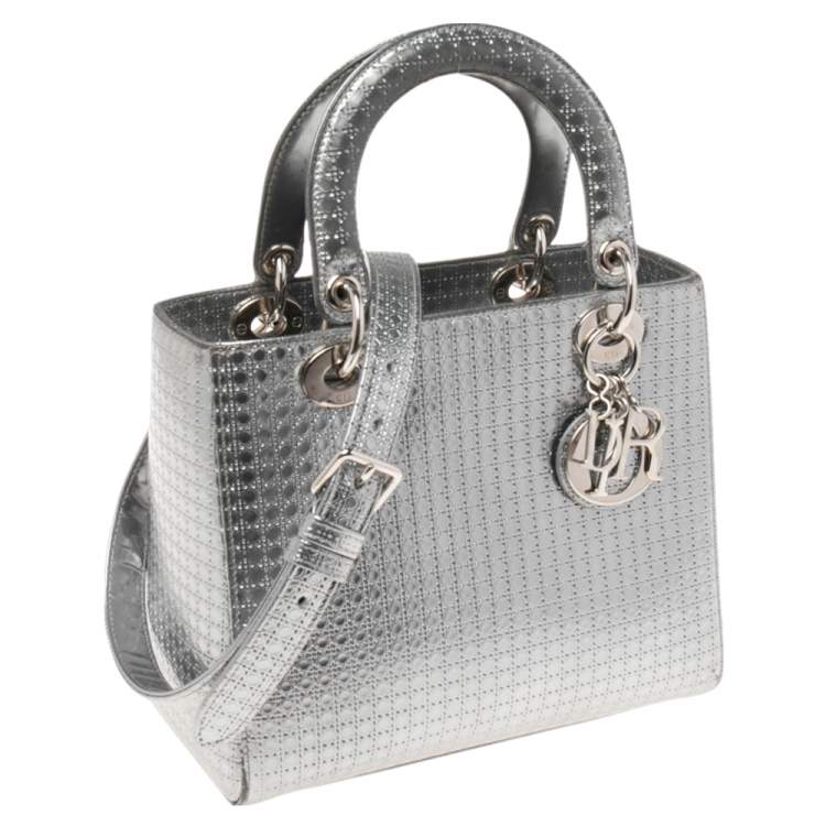 Pre Owned Dior Metallic Silver Micro Cannage Patent Leather Medium Lady Dior Tote