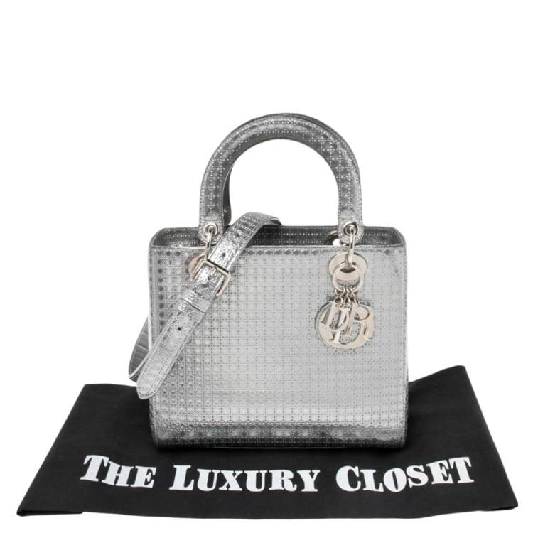 Pre Owned Dior Metallic Silver Micro Cannage Patent Leather Medium Lady Dior Tote