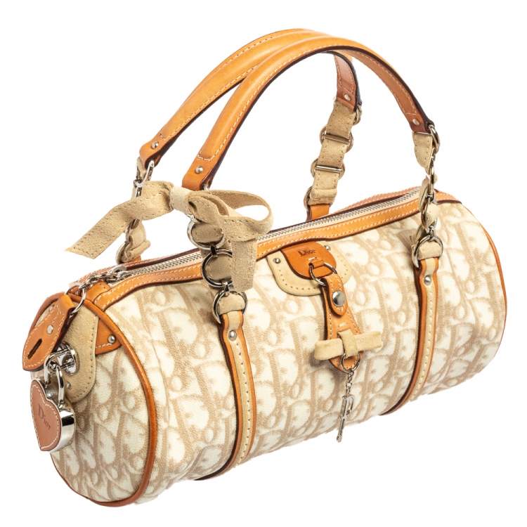 Pre Owned Dior White/Beige Trotter Coated Canvas and Leather Romantique Duffel Bag