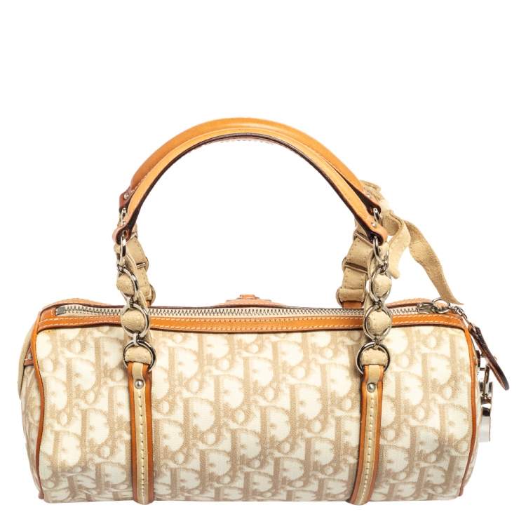 Pre Owned Dior White/Beige Trotter Coated Canvas and Leather Romantique Duffel Bag