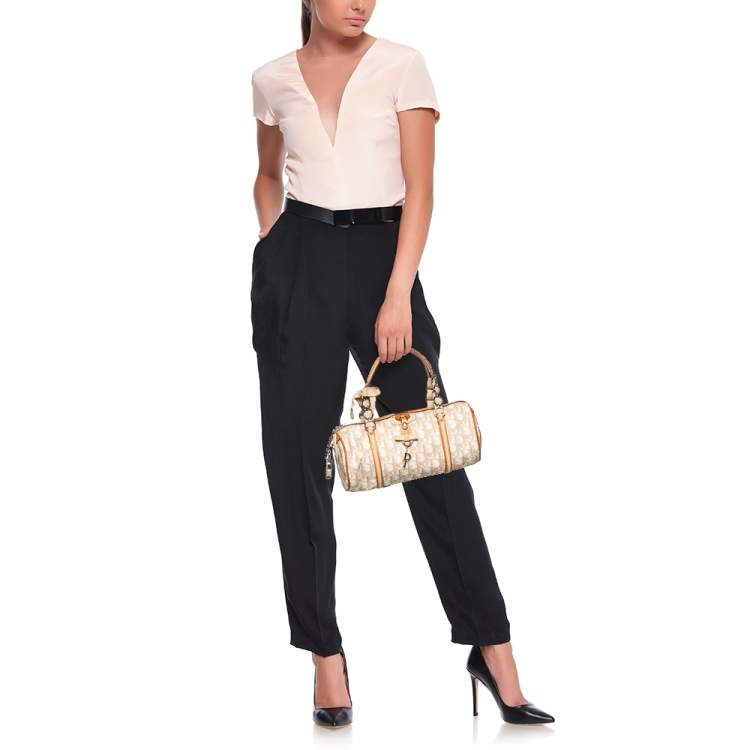 Pre Owned Dior White/Beige Trotter Coated Canvas and Leather Romantique Duffel Bag