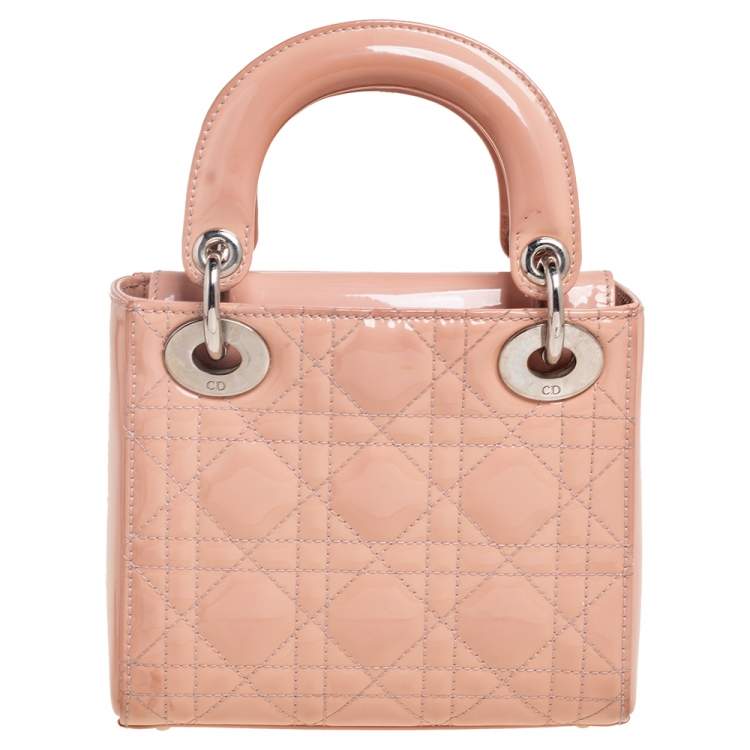 Pre Owned Dior Beige Cannage Patent Leather Mini Lady Dior Tote