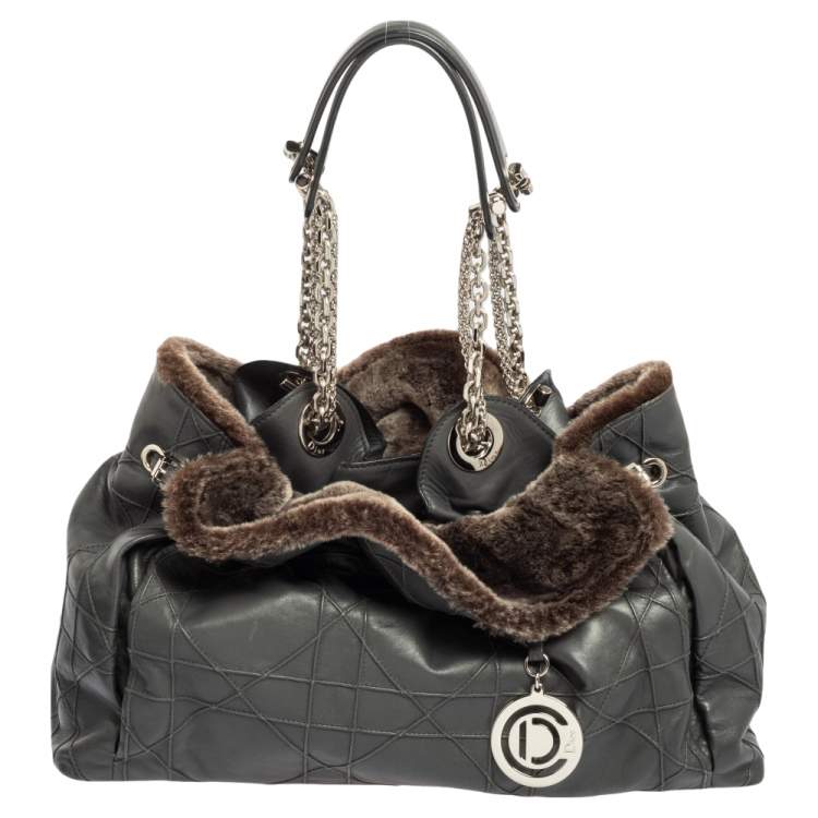 Pre Owned Dior Grey Cannage Leather and Fur Le Trente Hobo