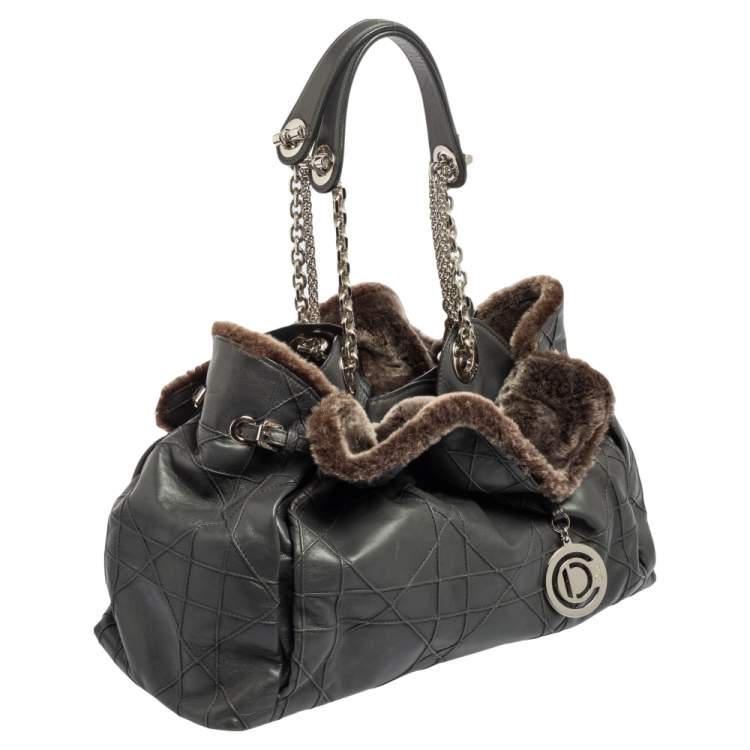 Pre Owned Dior Grey Cannage Leather and Fur Le Trente Hobo