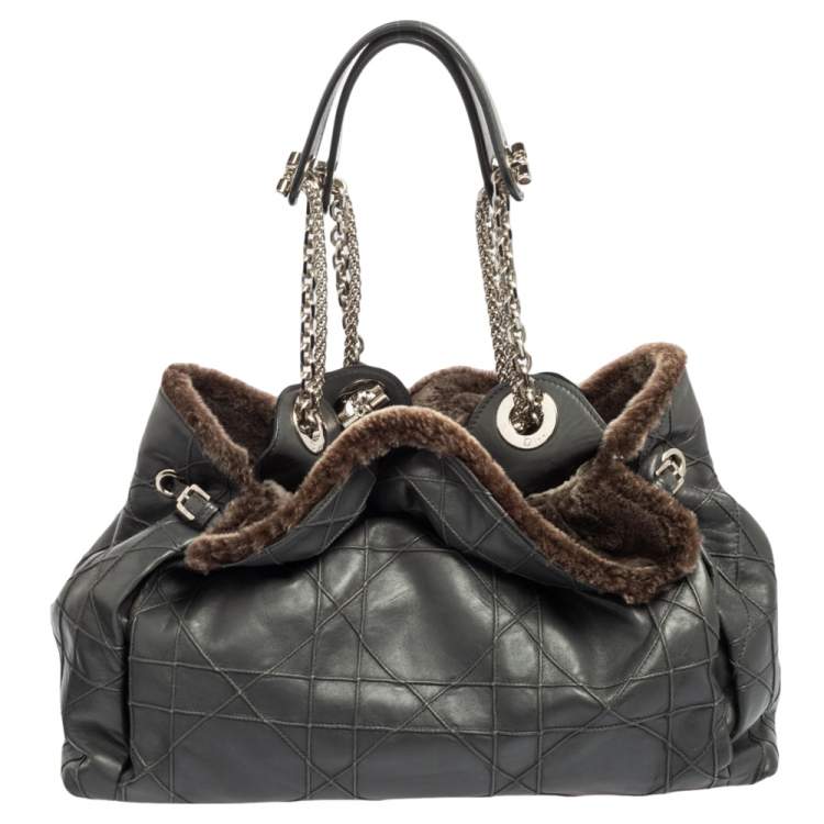 Pre Owned Dior Grey Cannage Leather and Fur Le Trente Hobo