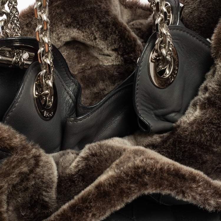 Pre Owned Dior Grey Cannage Leather and Fur Le Trente Hobo