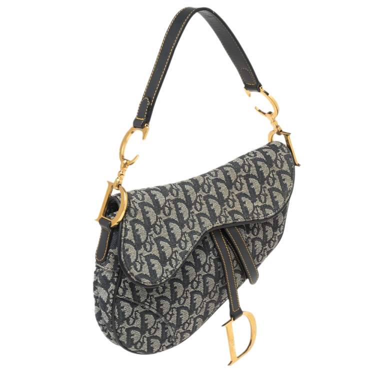 Pre Owned Dior Blue Oblique Denim Saddle Bag