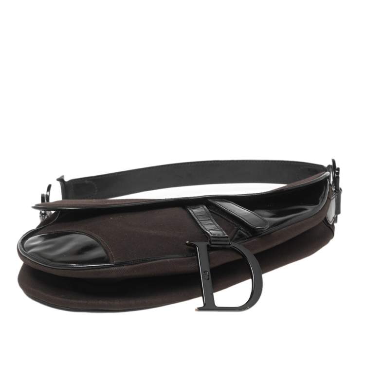 Pre Owned Dior Dark Brown/Black Canvas and Patent Leather Saddle Bag