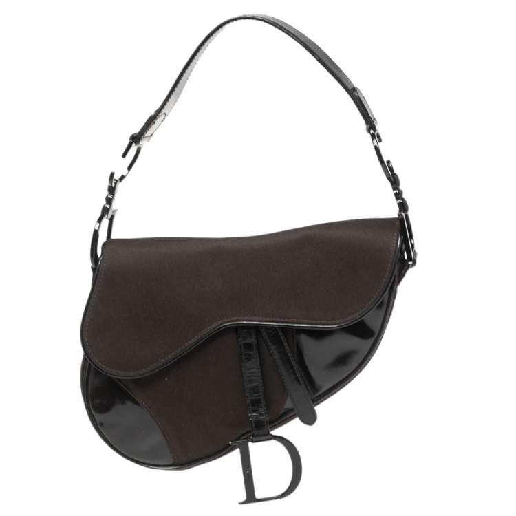 Pre Owned Dior Dark Brown/Black Canvas and Patent Leather Saddle Bag