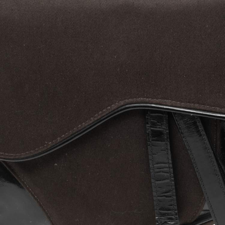 Pre Owned Dior Dark Brown/Black Canvas and Patent Leather Saddle Bag