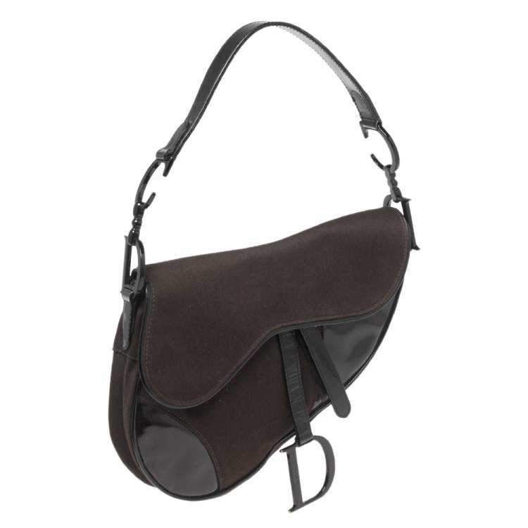 Pre Owned Dior Dark Brown/Black Canvas and Patent Leather Saddle Bag
