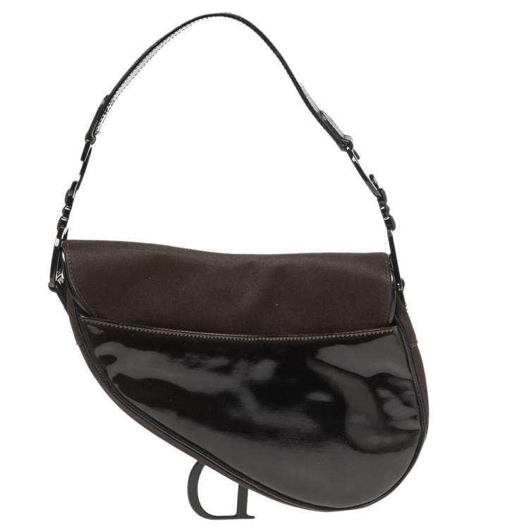 Pre Owned Dior Dark Brown/Black Canvas and Patent Leather Saddle Bag