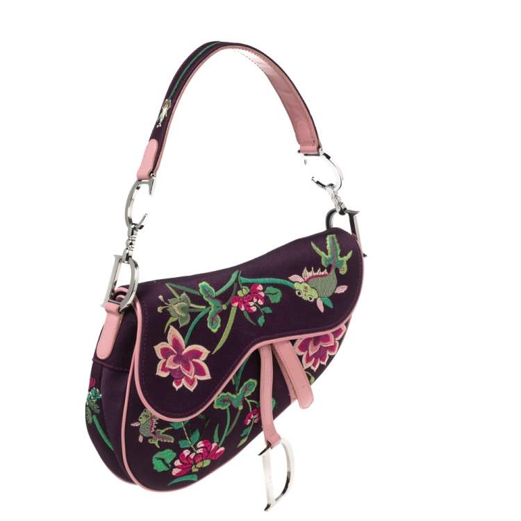 Pre Owned Dior Purple/Pink Floral Embroidered Fabric and Patent Leather Limited Edition Saddle Bag