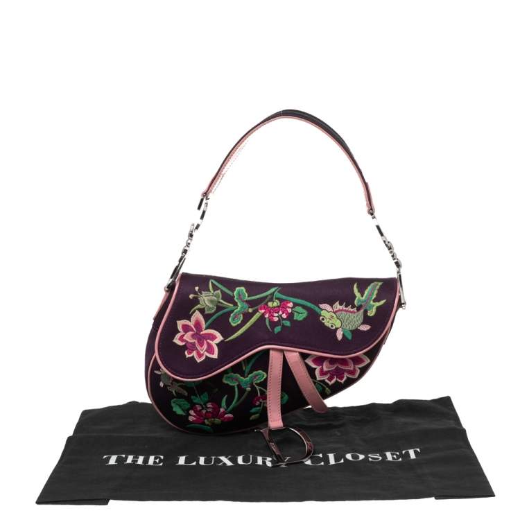 Pre Owned Dior Purple/Pink Floral Embroidered Fabric and Patent Leather Limited Edition Saddle Bag