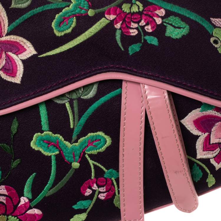 Pre Owned Dior Purple/Pink Floral Embroidered Fabric and Patent Leather Limited Edition Saddle Bag