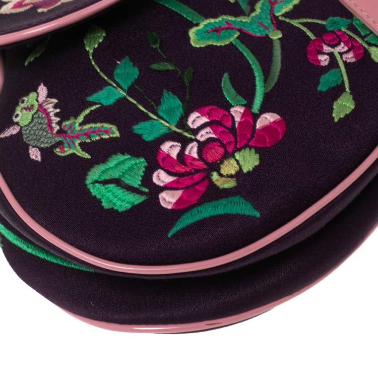 Pre Owned Dior Purple/Pink Floral Embroidered Fabric and Patent Leather Limited Edition Saddle Bag