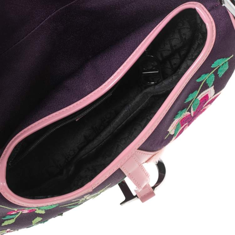 Pre Owned Dior Purple/Pink Floral Embroidered Fabric and Patent Leather Limited Edition Saddle Bag