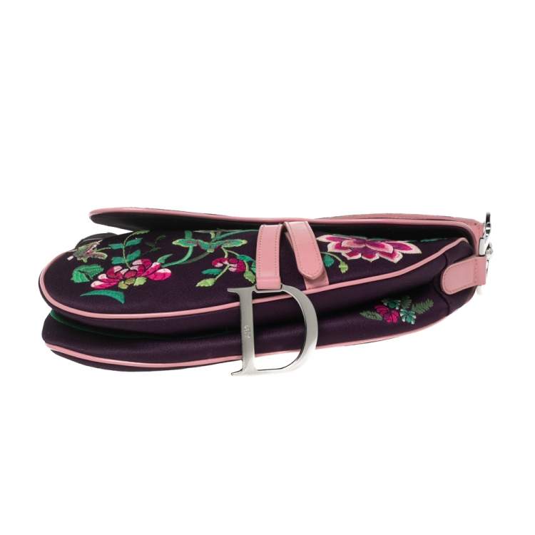 Pre Owned Dior Purple Embroidered Silk Limited Edition 0220 Floral And Koi Saddle Bag