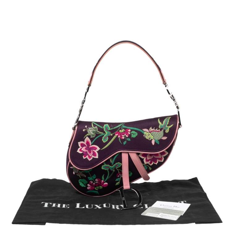 Pre Owned Dior Purple Embroidered Silk Limited Edition 0220 Floral And Koi Saddle Bag