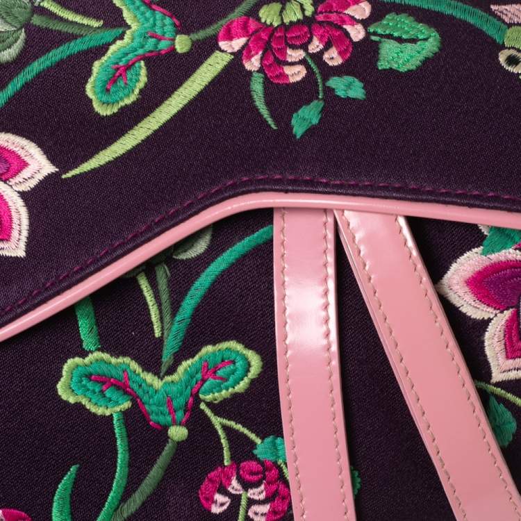 Pre Owned Dior Purple Embroidered Silk Limited Edition 0220 Floral And Koi Saddle Bag