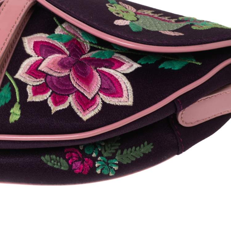 Pre Owned Dior Purple Embroidered Silk Limited Edition 0220 Floral And Koi Saddle Bag