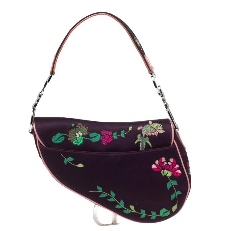 Pre Owned Dior Purple Embroidered Silk Limited Edition 0220 Floral And Koi Saddle Bag
