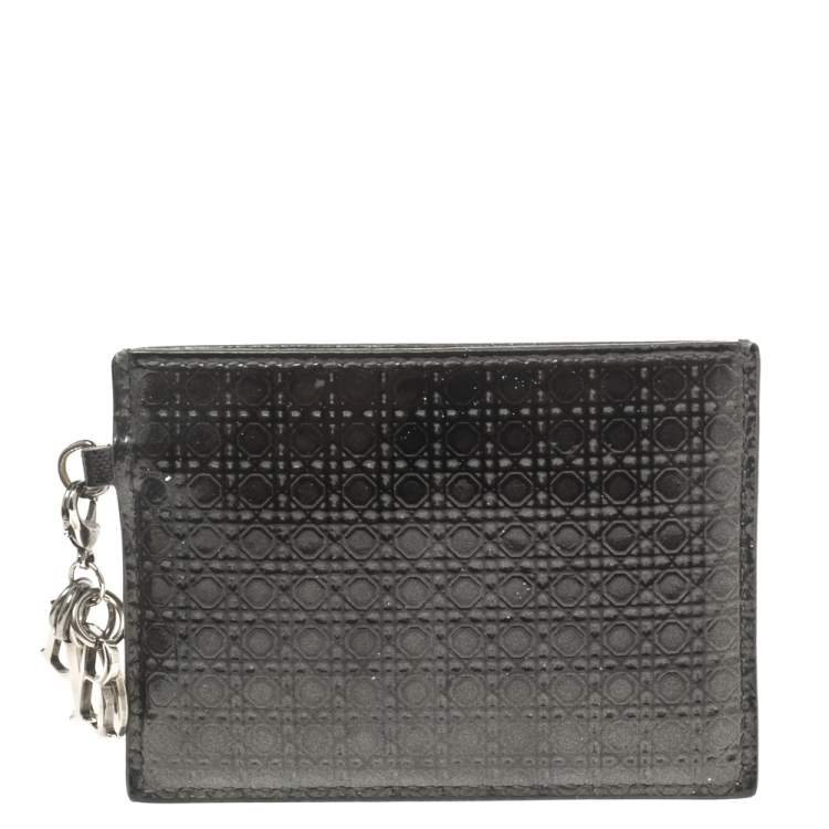 Pre Owned Dior Dark Grey Microcannage Patent Leather Lady Dior Card Holder