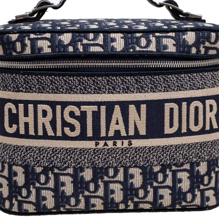 Pre Owned Dior Blue Oblique Canvas Travel Vanity Case Top Handle Bag