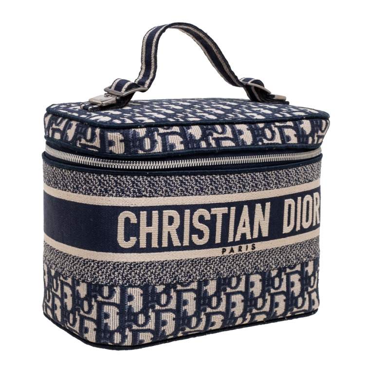 Pre Owned Dior Blue Oblique Canvas Travel Vanity Case Top Handle Bag