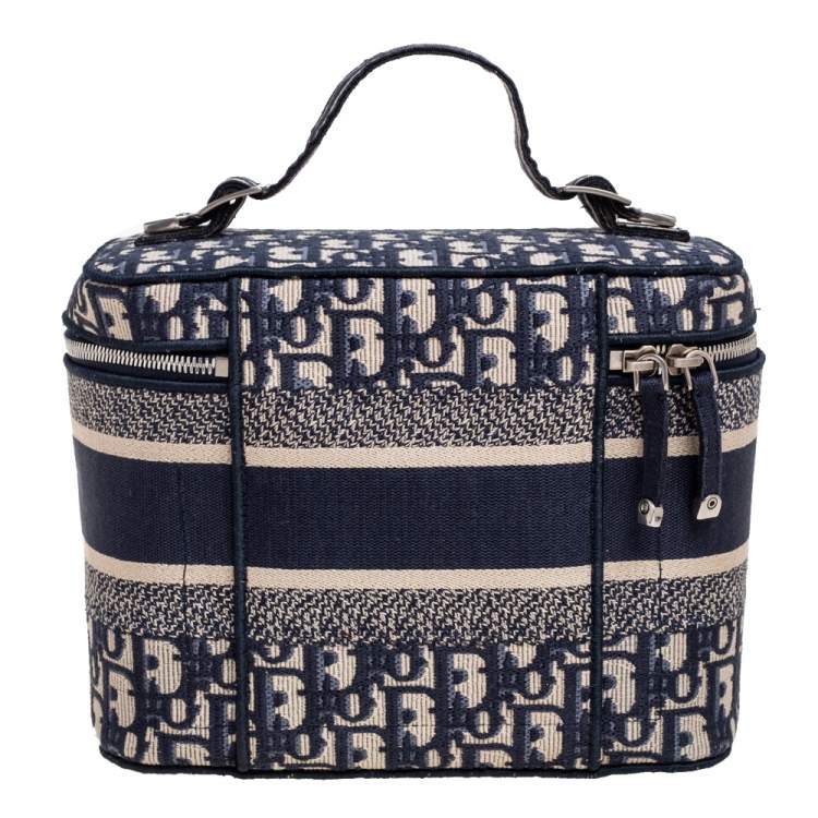 Pre Owned Dior Blue Oblique Canvas Travel Vanity Case Top Handle Bag