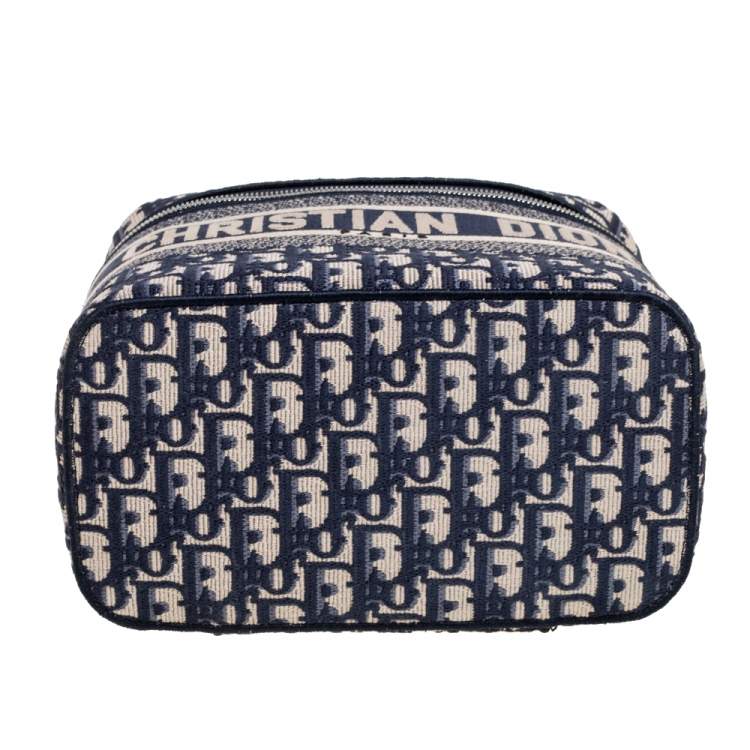 Pre Owned Dior Blue Oblique Canvas Travel Vanity Case Top Handle Bag