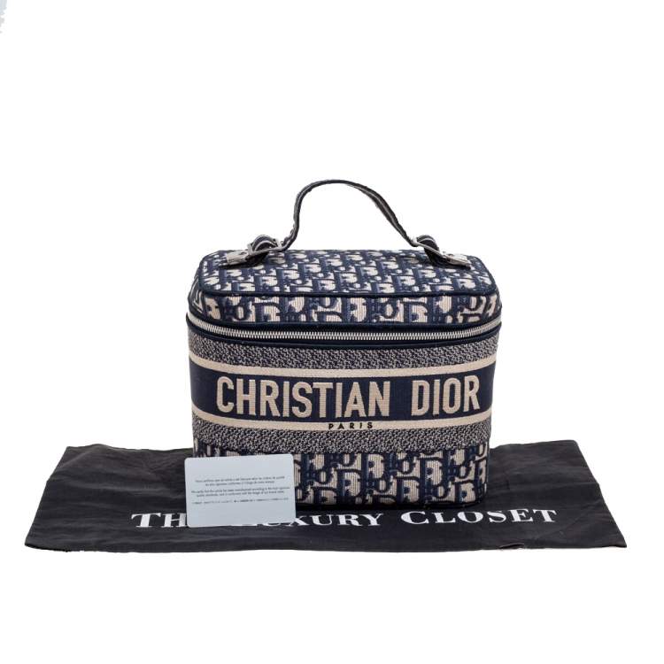 Pre Owned Dior Blue Oblique Canvas Travel Vanity Case Top Handle Bag