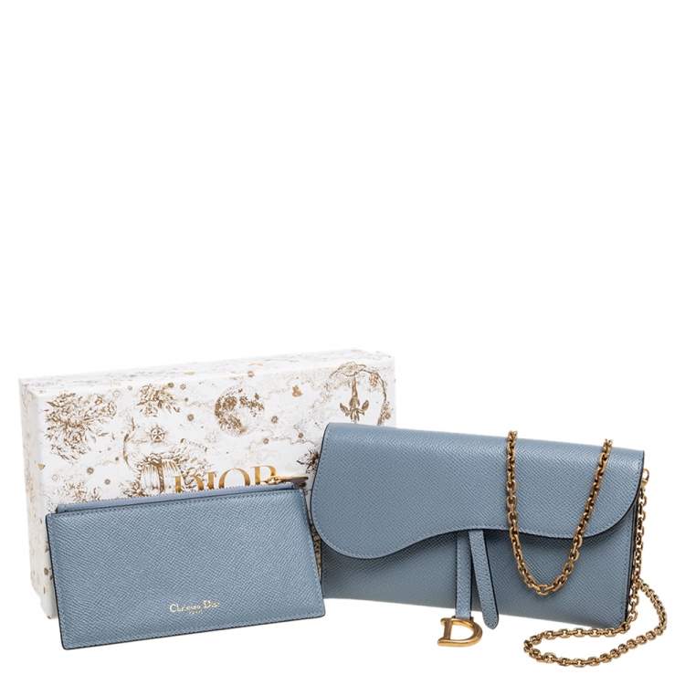 Pre Owned Dior Stone Blue Leather Saddle Wallet on Chain