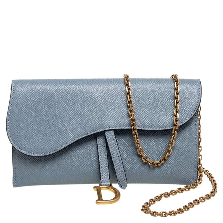 Pre Owned Dior Stone Blue Leather Saddle Wallet on Chain